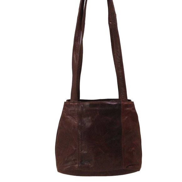 Vintage 90s Mexican Leather Handbag Heavy Duty Hobo Shoulder 9x11 Brown Patina - Picture 4 of 11